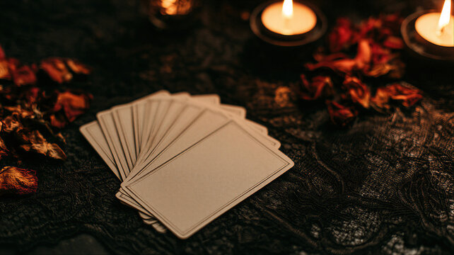 Blank tarot cards fanned out on dark lace table with burning candles and dried roses. Mystic fortune telling scene with copy space on empty cards.