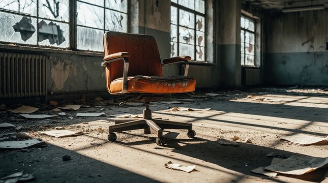 Old worn out office chair sits alone in abandoned dusty room. Broken windows let sunlight into empty workspace with debris, papers on floor. Dilapidated interior shows decay, neglect in industrial