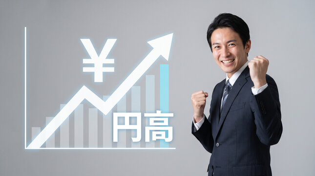 円高をイメージした為替市場と日本人ビジネスマン