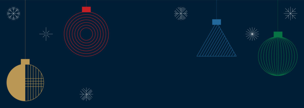 Abstract colorful geometric Christmas balls hanging with white snowflakes on navy blue background horizontal template have blank space.