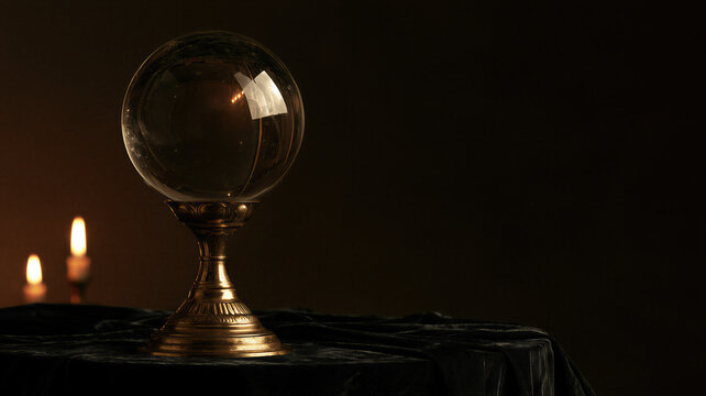 Glass crystal ball on golden stand with burning candles in dark room. Mystic fortune telling scene with copy space on black background.