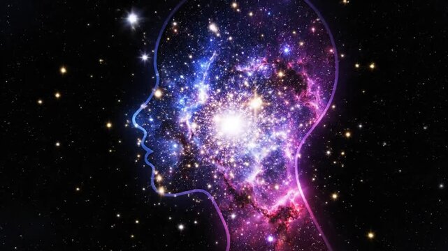 Mind Expanding Universe: Conceptual Silhouette of a Human Head Filled with Cosmic Energy Against Starry Backdrop