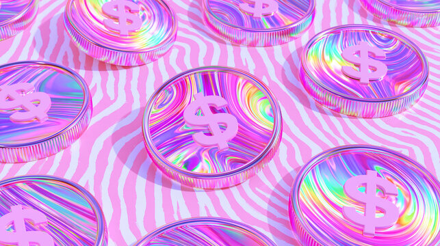 3d holographic pink coins with dollar signs on a pink zebra background, money theme abstract wallpaper, financial backgrounds