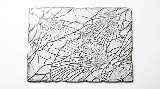 Close up of a shattered glass pane with intricate web like cracks against a white background