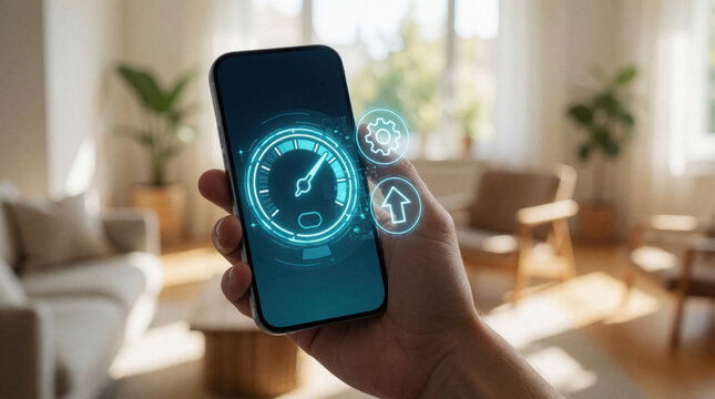 Close up of person holding smartphone with internet speed test app. Digital meter shows high performance connection on screen. Blue tech interface displays data transfer rate, wireless bandwidth