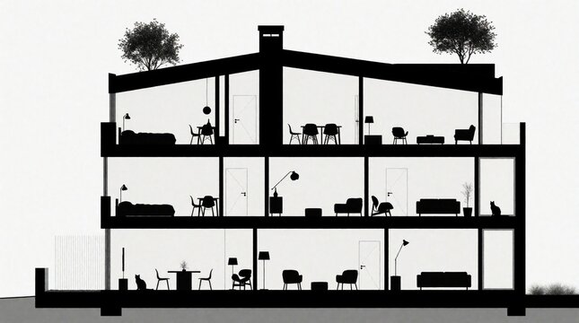 Cross section view of a modern house interior. Silhouettes show multiple rooms with furniture, beds, tables, chairs, and trees on roof. Minimalist architectural design.