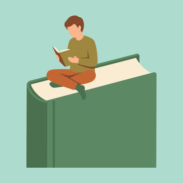 A young person sits on a large book reading a story