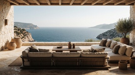 Fototapeta premium Minimalist outdoor terrace lounge features comfortable sofa and low table. Stone walls and wooden roof frame vast ocean and hilly island panorama. Peaceful seaside relaxation.