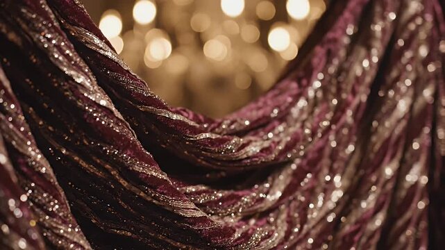 Luxurious burgundy velvet draped fabric with glittering sparkle and warm bokeh lights