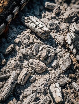 Close up view of grey ash, burnt wood pieces after campfire. Charred logs, charcoal remain on ground after fire ends. Textured surface of burnt embers, dusty remains from outdoor bonfire in daylight.