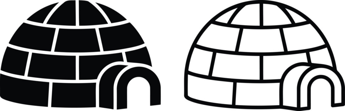 Black and white igloo ice house icons set for winter travel and arctic design projects