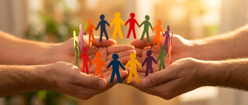 Hands holding circle of colorful paper people cutouts representing diversity and unity and community support and global teamwork concept for business and social welfare and inclusion marketing