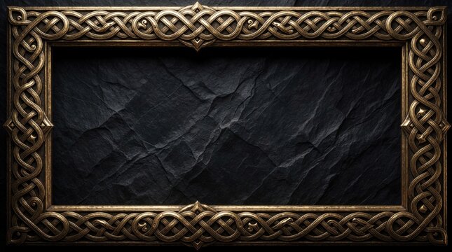 Ornate gold frame with ancient Celtic knot patterns borders a rough dark stone surface. Intricate metalwork adds luxury detail to this vintage design element ideal for graphic projects.