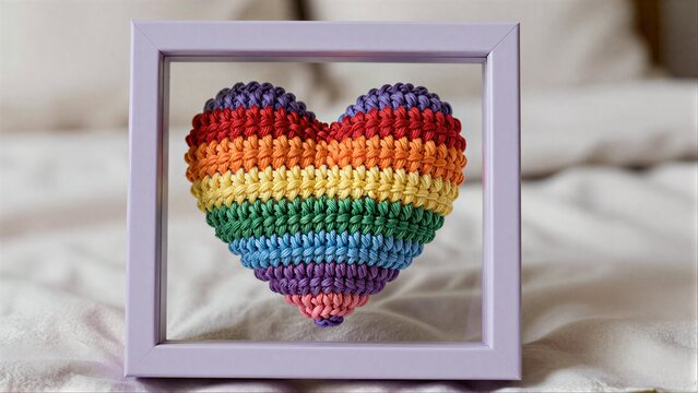 Rainbow crocheted heart in lavender frame, soft bedding background.