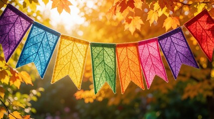 Obraz premium Colorful bunting flags hang on string outdoors in autumn forest. Bright fabric pennants with leaf pattern decorate garden during sunny day. Festive garland hangs among yellow maple leaves in park.