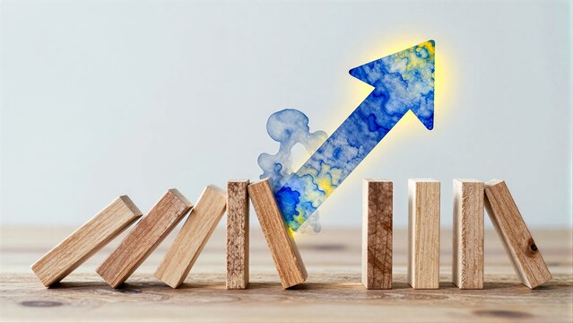 Dominoes topple, arrow risessymbolizing unstoppable growth and positive momentum.
