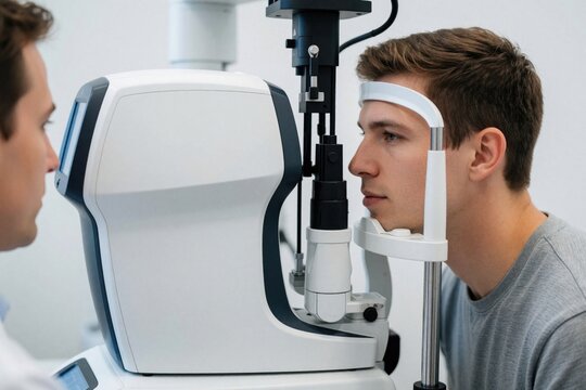 Young man has his eyes examined by an optometrist using modern autorefractor equipment in a clean clinic setting. Routine vision test for good eyesight checkup.