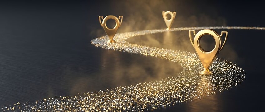 Golden trophy pins marking progress path on dark textured surface representing achievement and success in business journey with glowing particles and soft lighting effects for corporate presentation