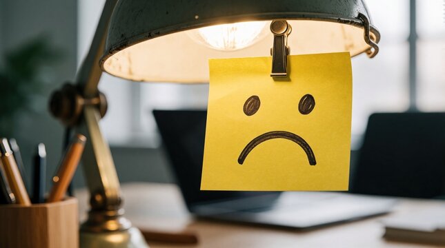 Yellow sticky note with sad face emoticon clipped to desk lamp. Concept for job dissatisfaction stress and employee burnout. Reminder of bad day.