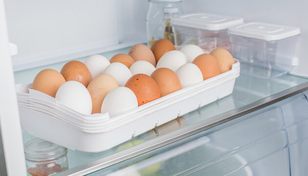 Fresh Chicken Eggs Stored in a Refrigerator on a Plastic Tray