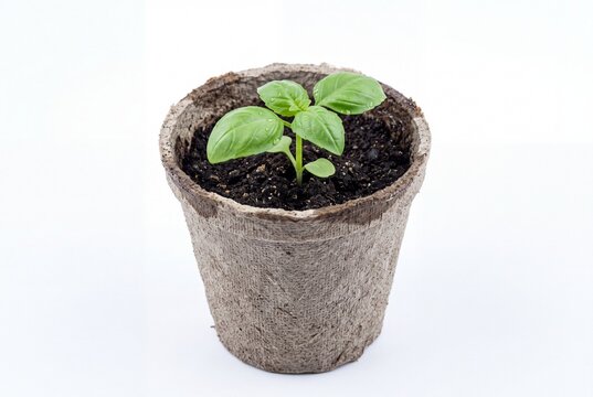 Young seedling growing in a biodegradable pulp pot isolated on white.