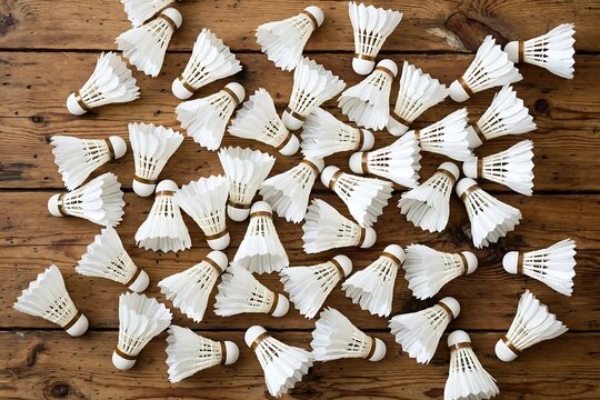 Top View of Numerous White Badminton Shuttlecocks Scattered Randomly Across a Rustic Dark Wooden Table Surface for Sports Training Concept