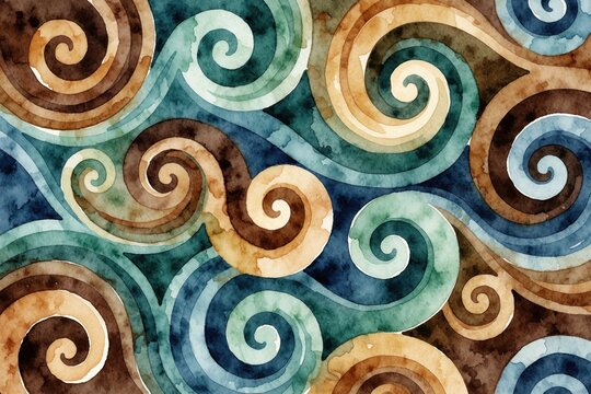 Abstract watercolor swirls in teal, brown, and blue evoke natural flow and earthy tones. This seamless pattern mimics ocean waves and koru spirals, suggesting cultural heritage and organic energy.