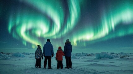 Obraz premium Family with two kids watch bright green aurora borealis in night sky. Parents, children stand on snowy arctic landscape under magical northern lights. People enjoy colorful celestial light show