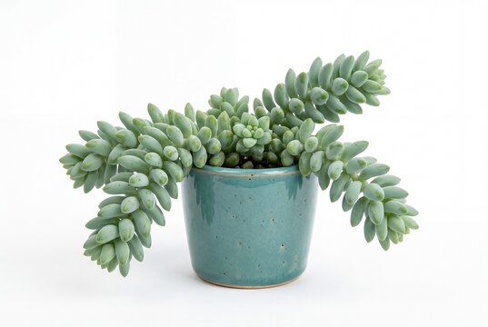 Burros Tail Succulent Plant in Teal Pot Isolated on White Background