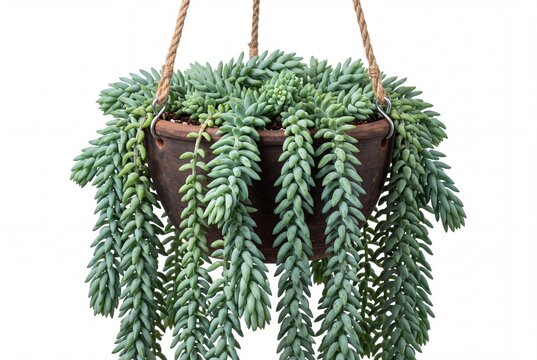 Burros Tail Hanging Succulent in Terracotta Pot on White Background