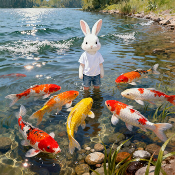 Cute White Rabbit Standing In Shallow Water Surrounded By Colorful Koi Fish