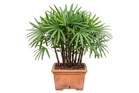 Elegant Lady Palm Rhapis Excelsa in Terracotta Pot on White Background