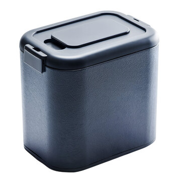 Modern dark blue plastic food storage container with secure locking lid isolated on transparent background for kitchen meal prep and household organization use close studio shot textured