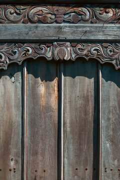 Antique Asian Carved Wood Door Vintage Weathered Entrance Background
