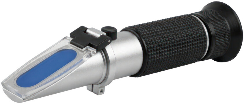 Handheld optical refractometer for liquid concentration measurement.