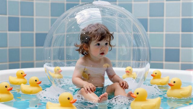 Child in bubble bath with rubber ducks, playful and curious.