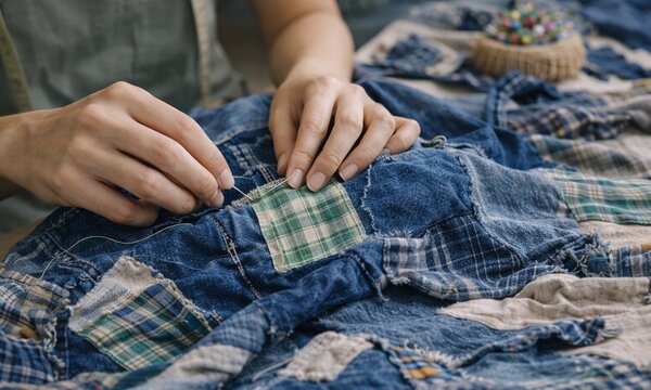 デニム生地にチェック柄の布を縫い付けてリメイクするハンドメイドの手仕事
