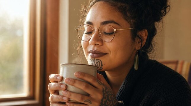 Young woman with chin and lip traditional Maori tattoo markings, round wire-frame glasses, and dangling earrings savoring a steaming ceramic mug near a soft sunlit window, peaceful contemplative