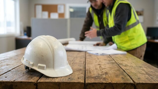 Construction site manager and engineer collaborating on building plans with a white safety hardhat in the foreground on a rustic wooden table