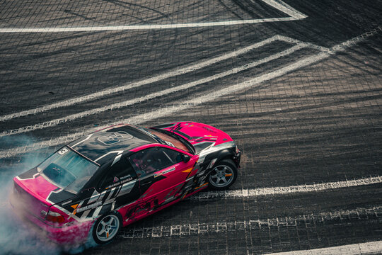 Drifting action on the racetrack in Lviv, Ukraine during a motorsport event