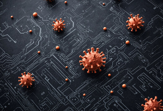Microscopic virus particles on detailed electronic circuit board background