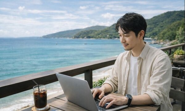 海を望むテラスでノートパソコンを使ってリモートワークをする日本人男性のワーケーション