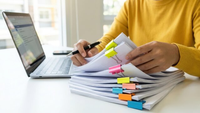 Person in yellow sweater organizing stack of white paper documents with colorful binder clips while working on a laptop computer in a bright office
