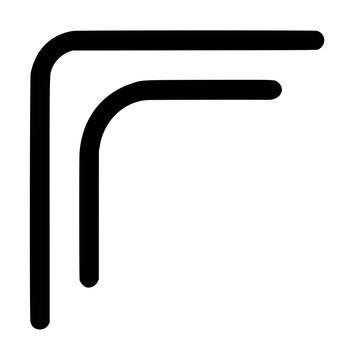 Dual parallel right angle corner accent with rounded ends where the outer bar extends further past the inner curve, geometric decorative vector icon isolated on a plain white background