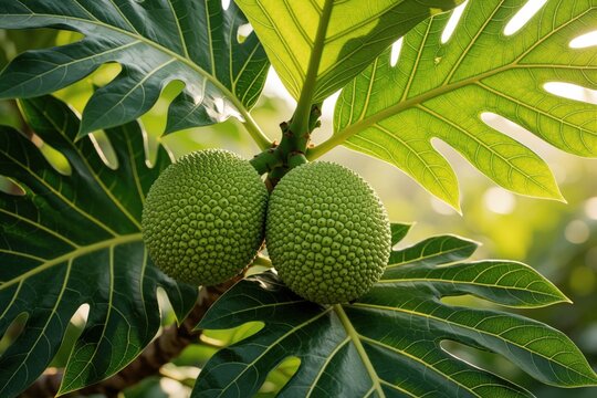 Two green breadfruits hang on tree branch among large tropical leaves. Sunlight shines through foliage creating bokeh effect on background. Fruit grows naturally in rich garden setting.