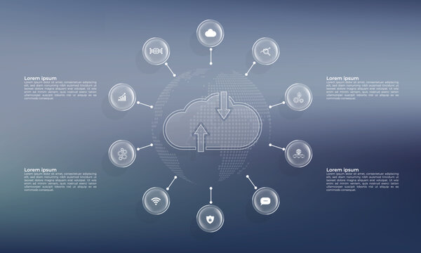 World map and cloud data transmission with glassmorphism upload and download arrows, surrounded by 10 liquid glass buttons. Business concept. Transfer information, IT support, UI, UX design, tech