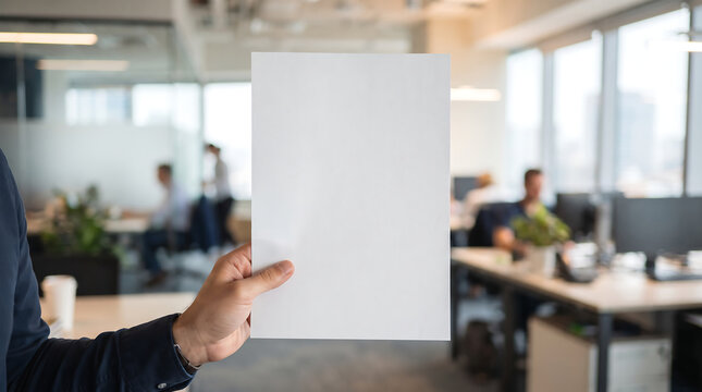 Person holding blank paper sheet in modern open office environment.
