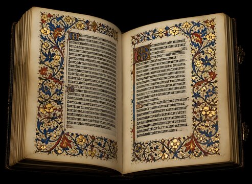 Medieval illuminated manuscript open book with intricate gold leaf details