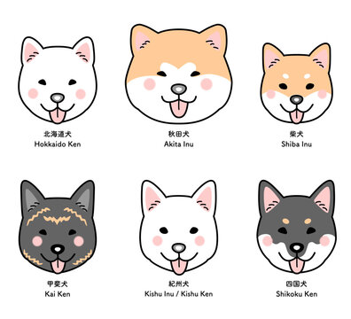 6種類の日本犬（顔）のセットのベクターイラスト