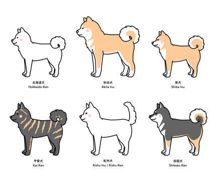 6種類の日本犬（横向き・立ち）のセットのベクターイラスト